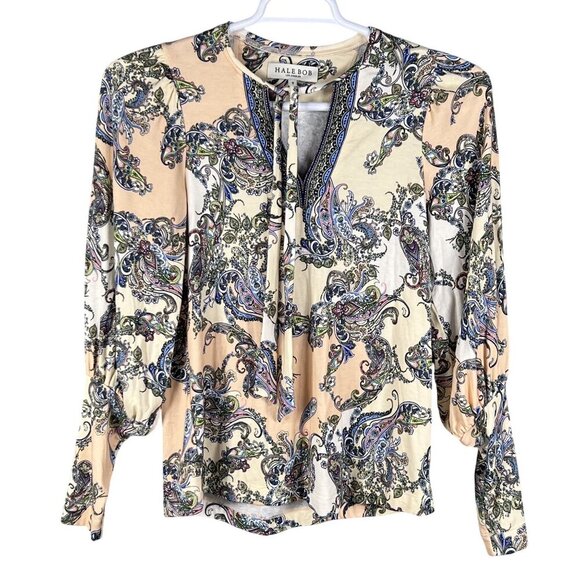 Hale Bob Los Angeles Womens S Paisley Blouson Sleeve  Amata Top Tie Neck Blouse - Picture 7 of 15
